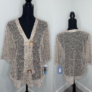 Lulu-B Knit Crocket Beige Button Up Cardigan (S)